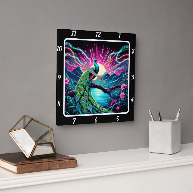 Relógio Quadrado Peacock Elegance Neon (Escritório)