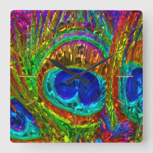 Relógio Quadrado Peacock Feenas Glass Art 1 Muro Opções