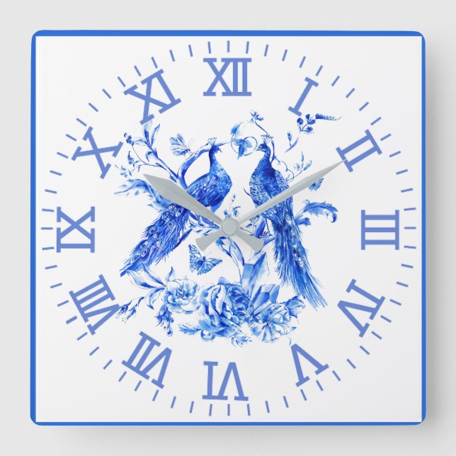 Relógio Quadrado Peacocks Porcelain Blue Wall Clock (Frente)