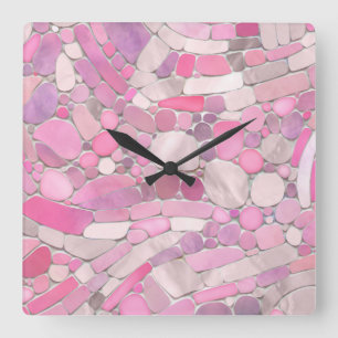 Relógio Quadrado Pebbles Mosaico Art - Rosa Blush Pink