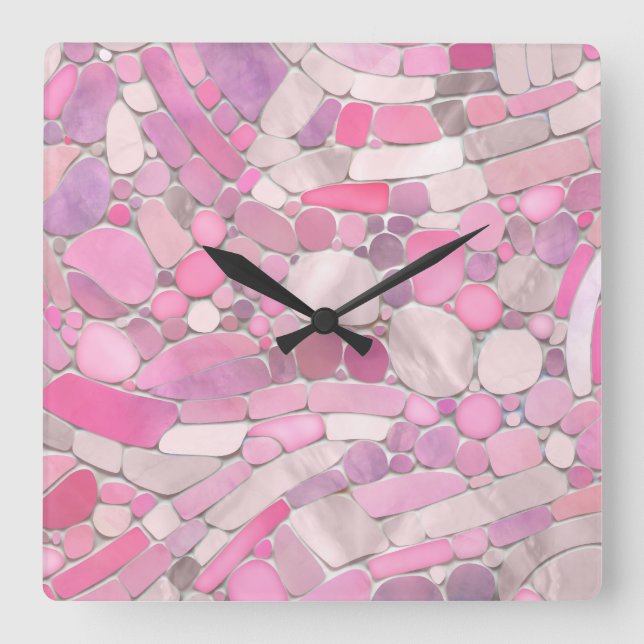 Relógio Quadrado Pebbles Mosaico Art - Rosa Blush Pink (Frente)