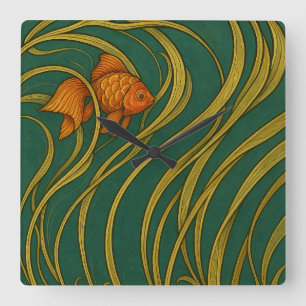 Relógio Quadrado Peixe Dourado Art Nouveau