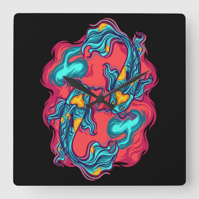 Relógio Quadrado Peixe Koi Yin Yang (Frente)