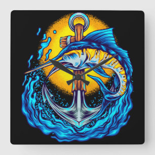 Relógio Quadrado Peixe Marlin com Âncora