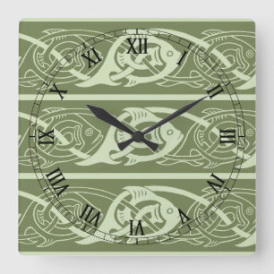 Relógio Quadrado Peixes de Knotwork do céltico no verde