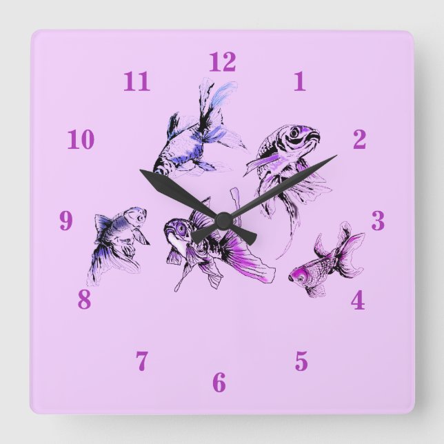 Relógio Quadrado Peixes dourados - Roxo (Frente)