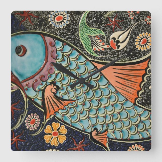 Relógio Quadrado Peixes litorais de Koi do mosaico delicado do (Frente)