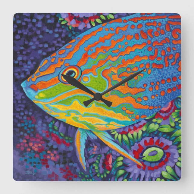 Relógio Quadrado Peixes Tropicais Brilhantes I (Frente)