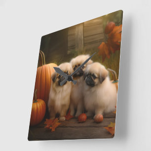 Relógio Quadrado Pekingese Puppy Autumn Delight Pumpkin
