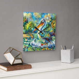 Relógio Quadrado Pelicano no País das Maravilhas Amarelo Verde Flor