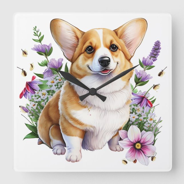 RELÓGIO QUADRADO PEMBROKE WELSH CORGI COM FLORES (Frente)