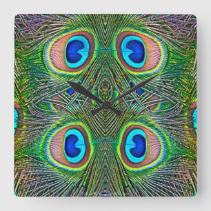 Relógio Quadrado Penas de Peacock Kaleidoscope Impressão