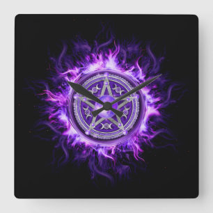Relógio Quadrado Pentagrama de Lua Roxo