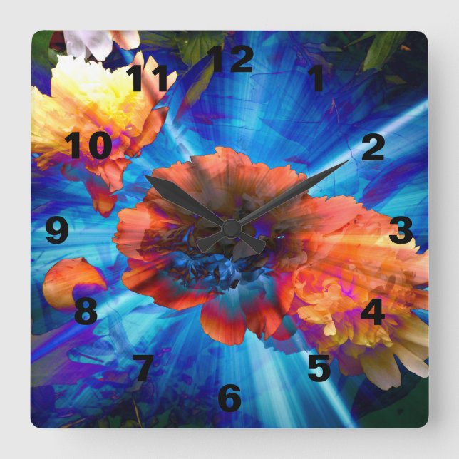 Relógio Quadrado Peonies in Blue Light (Frente)