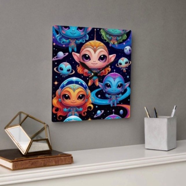 Relógio Quadrado Pequenos Alienígenas Multicoloridos no Espaço (Wall Clock backside hanging slot  non-ticking design. 2 sizes: 8" diameter or 10.75" diameter.
)