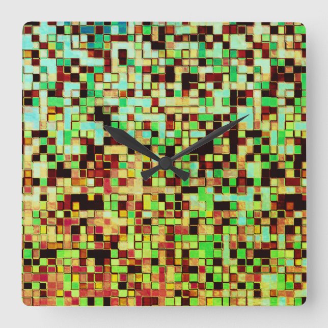 Relógio Quadrado Pequenos quadrados ou azulejos verdes e castanhos (Frente)
