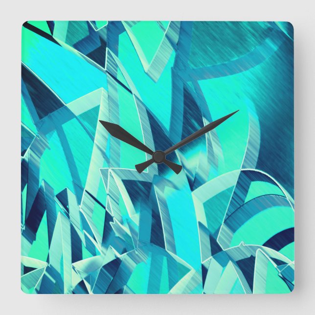 Relógio Quadrado Percursos cianos com garoa sobre fundo aquamarino (Frente)