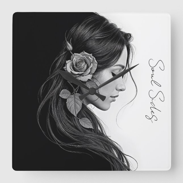 Relógio Quadrado Perfil artístico feminino com rosa em monocromo (Frente)