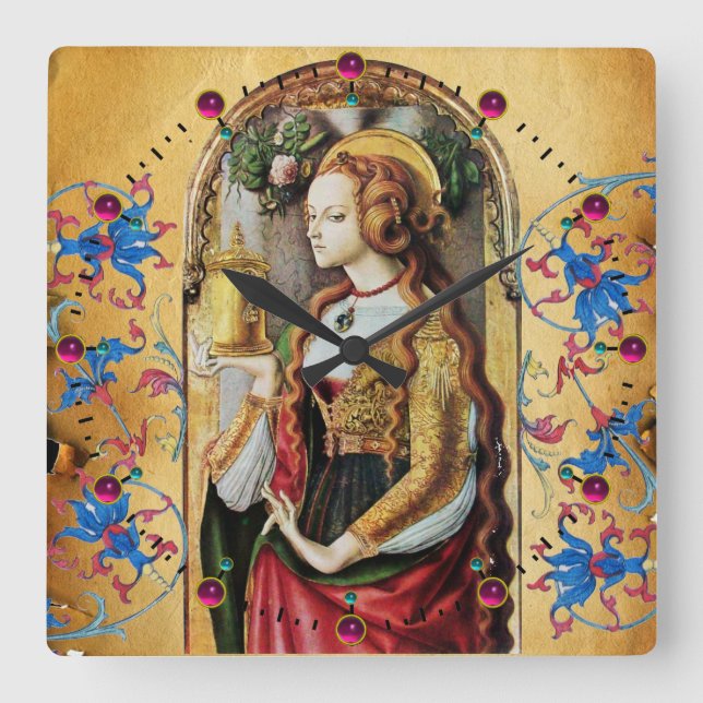 Relógio Quadrado Pergaminho floral azul vermelho dos redemoinhos de (Frente)