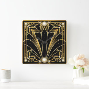 Relógio Quadrado Pérolas Art Deco elegantes em preto e dourado