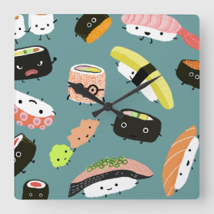 Relógio Quadrado Personagens Divertidos de Sushi em Azul Turquesa (