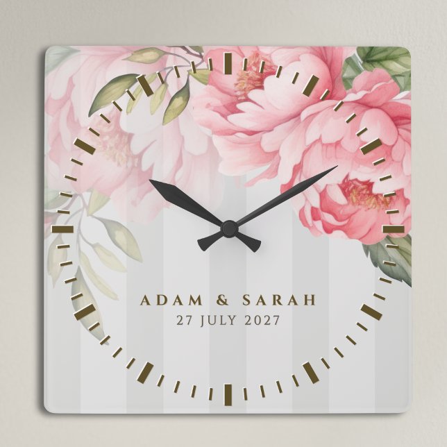 Relógio Quadrado Personalised Blush Peony Wedding Gift for Couple (Criador carregado)