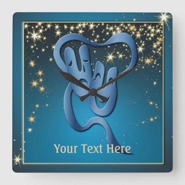 Relógio Quadrado Personalização da Máscara Azul de Teatro Comédia T (Frente)