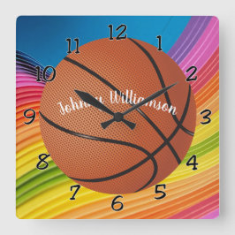 Relógio Quadrado Personalização de basquete com o nome Colorida