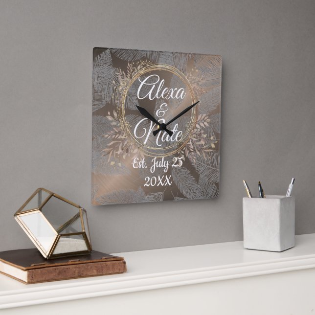 Relógio Quadrado Personalização de Casamento Floral de Rosa Blush F (Escritório)