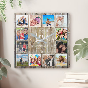 Relógio Quadrado Personalizado 12 Foto Collage Family Love Reclaime