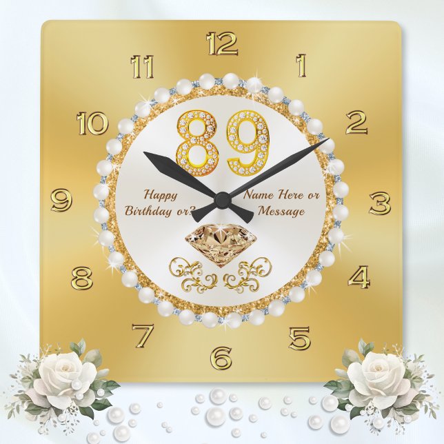 Relógio Quadrado Personalizado, 89.º Aniversário, Ideias de Present (89th birthday gift ideas. Happy 89th birthday wishes. 89th birthday ideas for her, woman, grandma.)