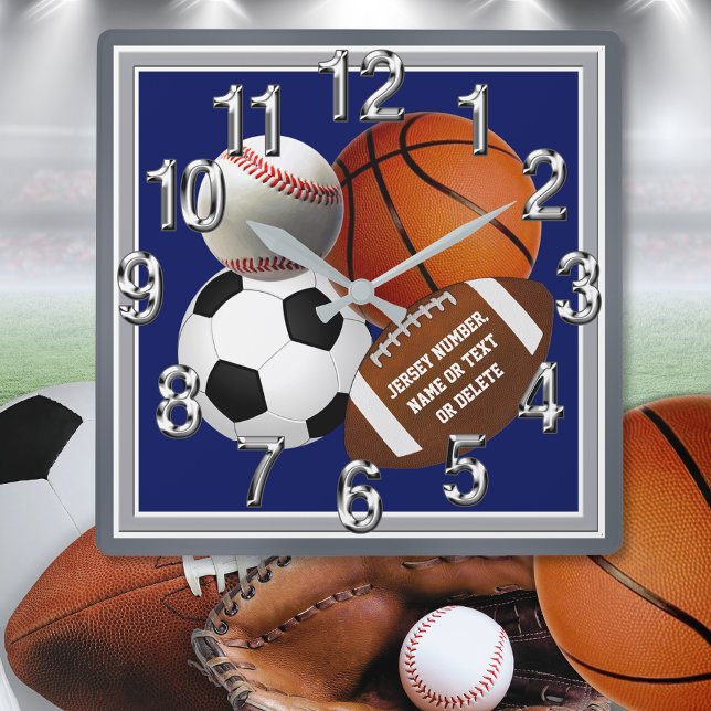 Relógio Quadrado Personalizado, Esportivo e Parede, para venda (Sports Themed Wall Clock. Gifts for Sports Lovers. Sports Christmas Gifts. Personalized sports gifts)