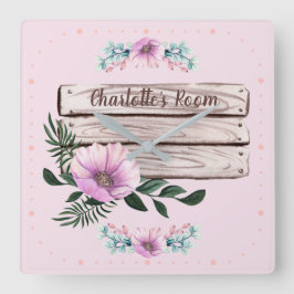 Relógio Quadrado Personalizar Madeira Faux de Sinal Floral de Menin