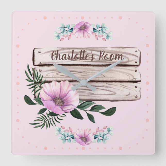 Relógio Quadrado Personalizar Madeira Faux de Sinal Floral de Menin (Frente)