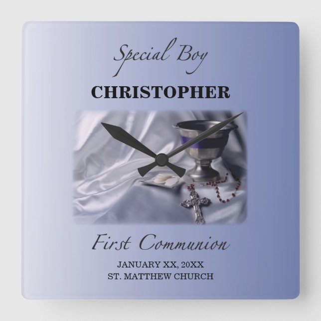 Relógio Quadrado Personalizar, Rapaz, Primeiro Azul de Comunhão (Frente)