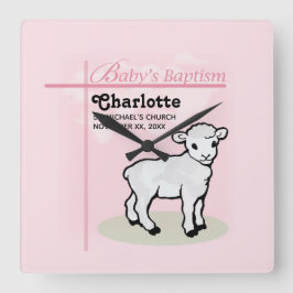 Relógio Quadrado Personalizável, Batismo, Rosa, Garota, Lambe