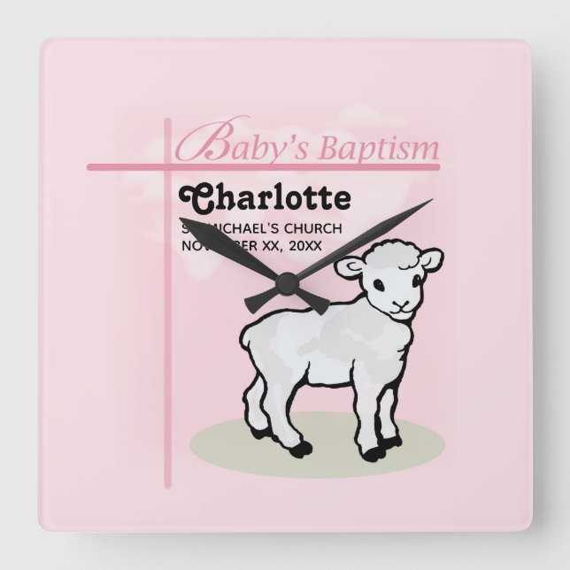 Relógio Quadrado Personalizável, Batismo, Rosa, Garota, Lambe (Frente)