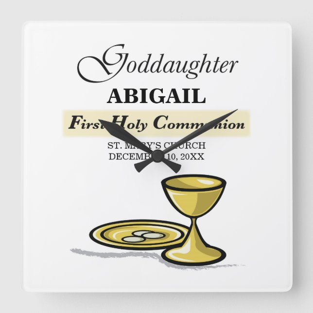 Relógio Quadrado Personalizável, Godchild First Communance Chalice (Frente)