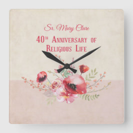 Relógio Quadrado Personalize, 40 anos de freira, rosa e