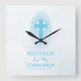 Relógio Quadrado Personalize, Blue First Sagrada Comunhão