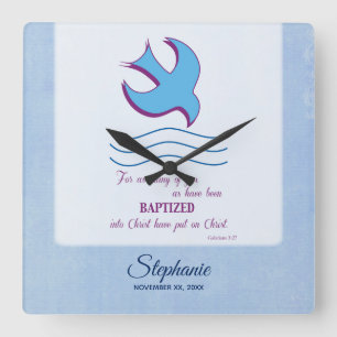 Relógio Quadrado Personalize, pomba do batismo adulto em azul