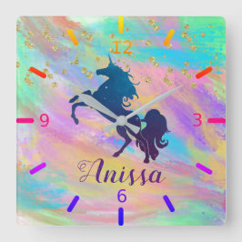Relógio Quadrado Personalize seu próprio Unicórnio Colorido