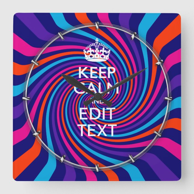 Relógio Quadrado Personalize sua espiral de texto calmo multicolori (Frente)