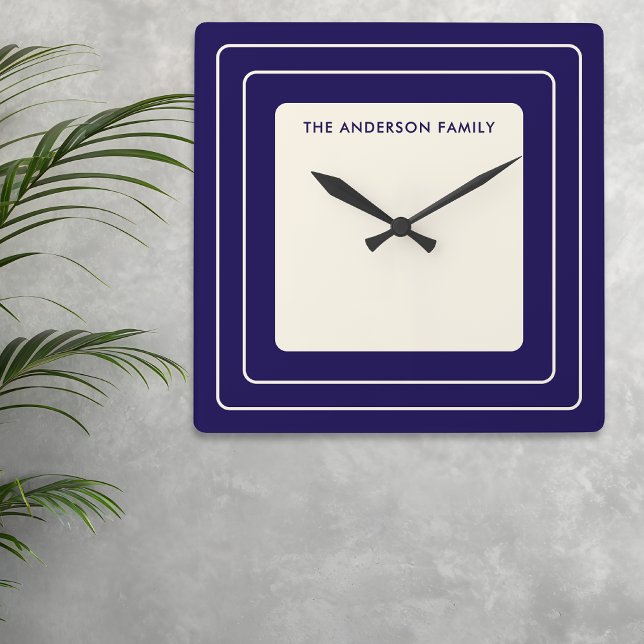 Relógio Quadrado Personalized Art Deco Family Name (A 1930s style clock, square with navy blue and cream colors, personalized with a name)