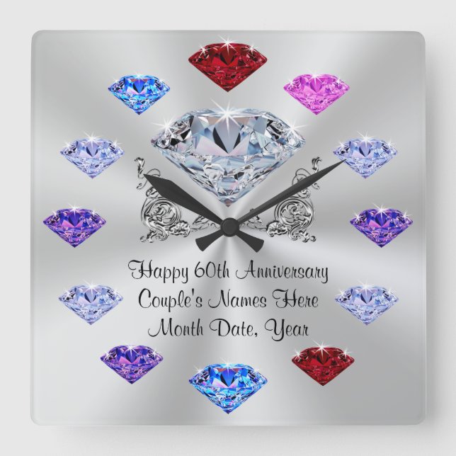 Relógio Quadrado Personalized Diamond Anniversary Clock, Birthstone (Frente)