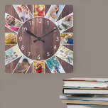 Relógio Quadrado Personalized Family Photo Collage Warm Brown Wood<br><div class="desc">Personalized square photo clock with your own favorite photos. The photo template is set up ready for you to add 12 of your pictures working clockwise from the top. This warm brown wood design has white numbers and will look great with traditional and country decor. For this design, square instagram...</div>
