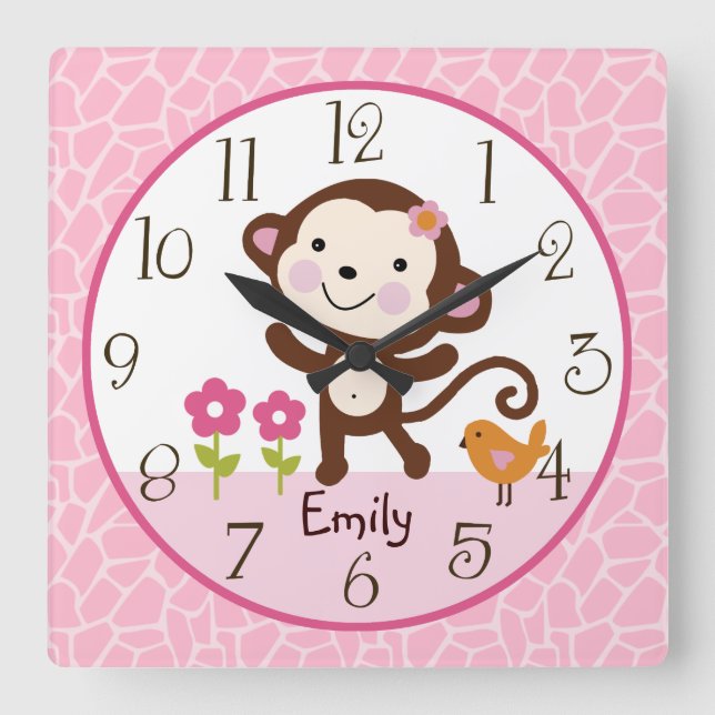Relógio Quadrado Personalized Jungle Girl Monkey Nursery Clock (Frente)