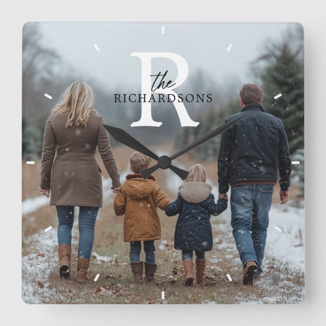 Relógio Quadrado Personalized Minimalist Monogram Name Family Photo (Frente)