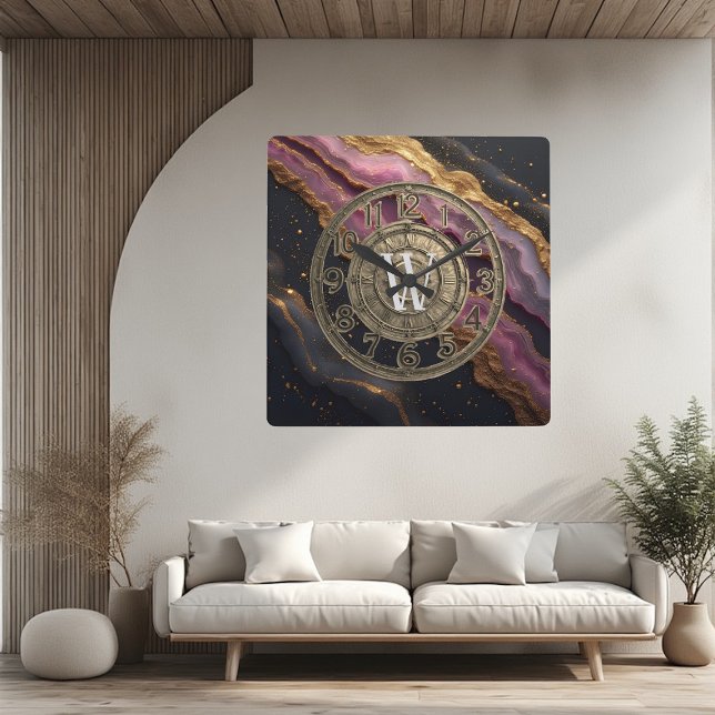 Relógio Quadrado Personalized Monogram Agate Pink Rustic Metal Luxe (Personalized Monogram Agate Pink Rustic Metal Luxe Square Wall Clock)