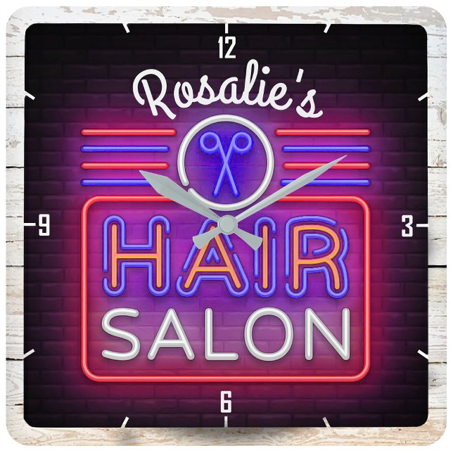Relógio Quadrado Personalized NAME Hair Salon Stylist Neon Style (Criador carregado)